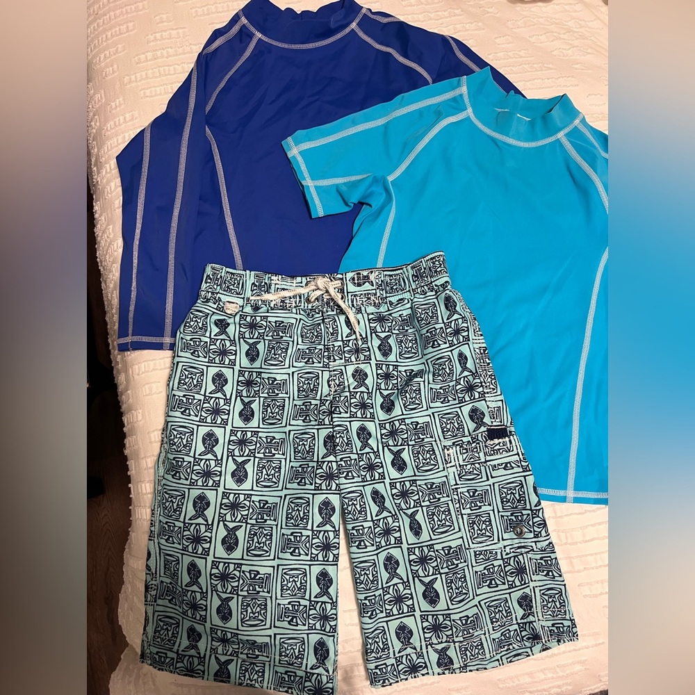 Lands' End Bundle Boys Blue & Aqua Swim Trunks with 2 Rash Guard shirts EUC